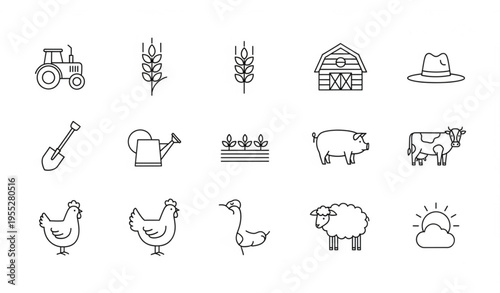 Agriculture Line Art Icons Set — Farm Equipment and Crop Vector Bundle