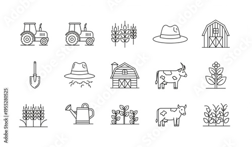 Agriculture Line Art Icons Set — Farm Equipment and Crop Vector Bundle