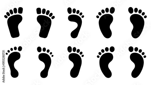 A collection of black footprints arranged in rows on a white background