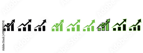 A collection of green and black bar graphs with arrows pointing upwards