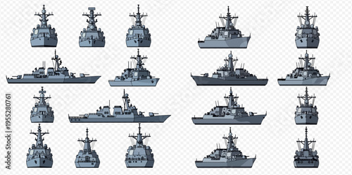 Set of pixel art naval warships, destroyers, and frigates in various views, isolated on a transparent background.