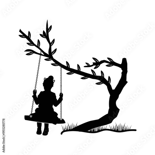 Girl Swinging Under the Large Tree Branch, Minimalist Vector Silhouette of Young Girl Swinging, Flat Vector Illustration for Kids Design