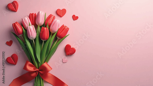 Vector bouquet of red and pink tulips with hearts