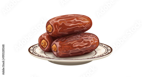 Three ripe, brown dates arranged on a small, ornate porcelain plate, isolated against a clean white background, showcasing a healthy and delicious snack.