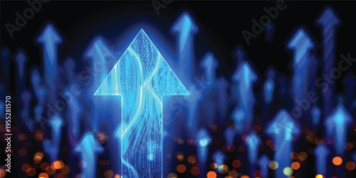 An abstract glowing blue background featuring fire and arrows creates a digital technology illustration with data charts and energy waves in space