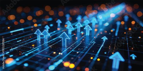 An abstract digital network design features glowing fiber optics and blue circuit light spots symbolizing high-speed data communication in a modern electronic business or science space