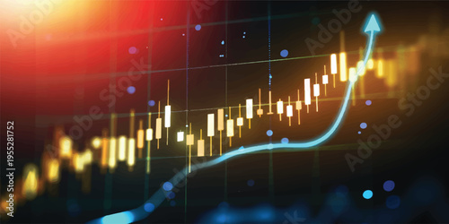 A blue digital stock market graph glows like a laser wave over a night city illustration, blending business technology and energy into a sleek computer wallpaper design