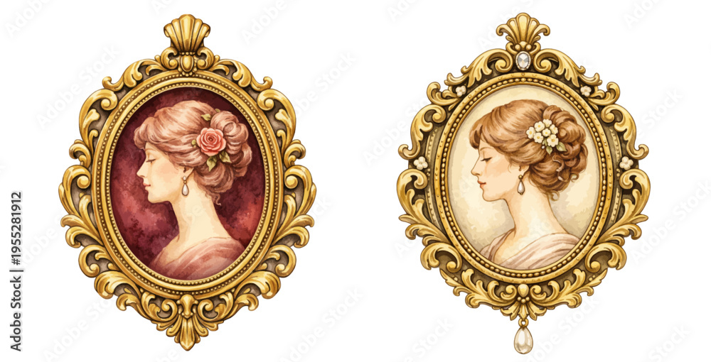 Ταπετσαρία A beautiful collection of watercolor vintage cameo pendants, featuring elegant oval gold ornaments with graceful female profile illustrations isolated on a transparent background