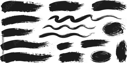 Set of hand drawn black ink splashes and blots with grunge brush strokes and grungy splatter textures for vector art illustration design elements