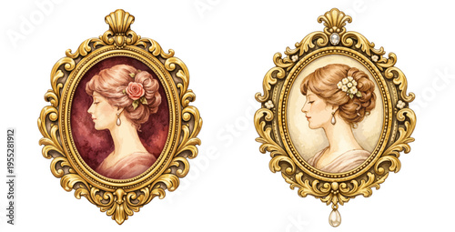 A beautiful collection of watercolor vintage cameo pendants, featuring elegant oval gold ornaments with graceful female profile illustrations isolated on a transparent background.