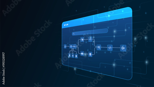 AI workflow automation artificial intelligence. ai agent workflow diagram dashboard automate system processing, coding and automation flow.