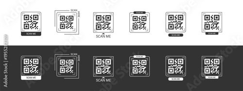 Scan me Frame. Black Scanner set in app box. Mobile buy now with barcode and QR code. Scan by phone camera. Simple Vector illustration.