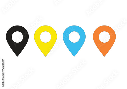 Set of four colorful map location pins for navigation and tracking with map pin