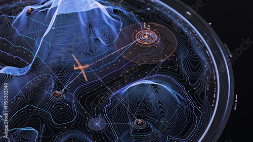 Konstfotografi Advanced drone control interface showing digital topographic map and target acquisition