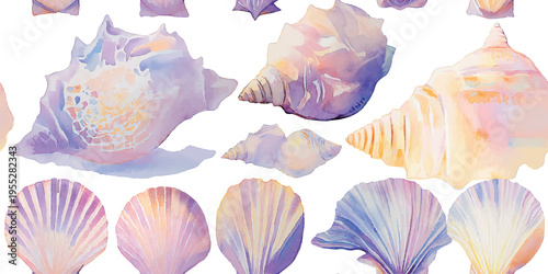 Elegant watercolor seashell seamless pattern with soft pastel colors for beach home decor, textiles, and stationery.