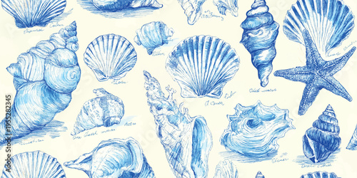 Vintage blue ink sketch seashell seamless pattern with starfish for coastal branding, textiles, and wrapping paper.