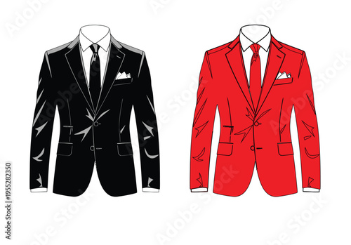 Formal mens suit jacket illustrations in black and red with tie and pocket square
