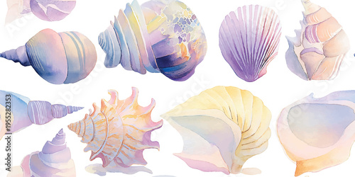 Elegant watercolor seashell seamless pattern with soft pastel colors for beach home decor, textiles, and stationery.