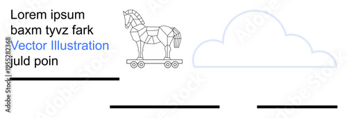 Cybersecurity, online threats, data protection, Trojan horse concept, cloud computing, information security. Stylized Trojan horse next to text and cloud graphic. Cybersecurity and online threats