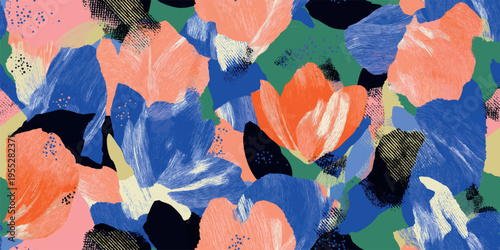 Abstract floral oil painting seamless pattern with bold blue and orange flowers for textiles, fashion, and home decor.