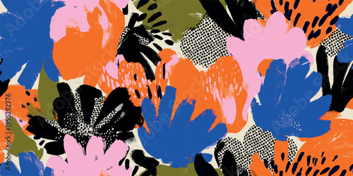 Abstract floral oil painting seamless pattern with bold blue and orange flowers for textiles, fashion, and home decor.