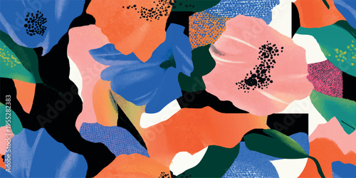 Abstract floral oil painting seamless pattern with bold blue and orange flowers for textiles, fashion, and home decor.