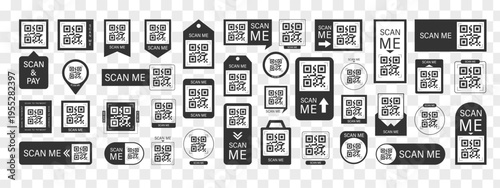 Scan me Frame. Supermarket retail price tag. Black Scanner set to buy now with barcode and QR code. Simple Vector illustration.
