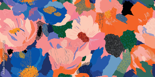 Abstract artistic floral seamless pattern with textured brush strokes and bold colors for contemporary textiles and packaging.