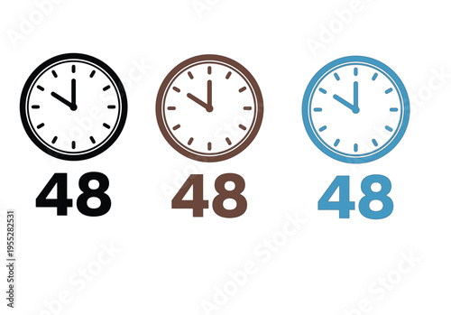 Forty eight hour delivery icons with analog clocks in three colors