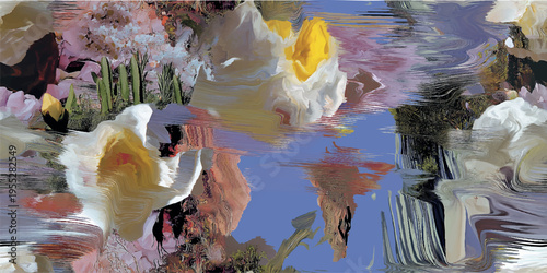 Impressionist landscape floral seamless pattern with iris flowers and water reflections for luxury home decor and textiles.