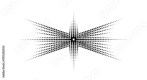 Abstract halftone pattern geometric starburst design element composed of expanding black dots radiating outwards on transparent background