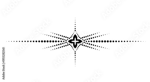 Elegant decorative divider with symmetrical dotted lines expanding from a central floral cross ornament, ideal for graphic design projects and web elements on transparent background. 