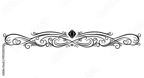 Elegant black and white decorative divider banner featuring swirling antique floral scrolls and a central diamond shape on transparent background