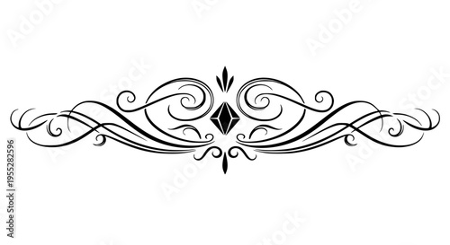 Elegant black antique swirl flourish divider design element featuring a central diamond shape on transparent background