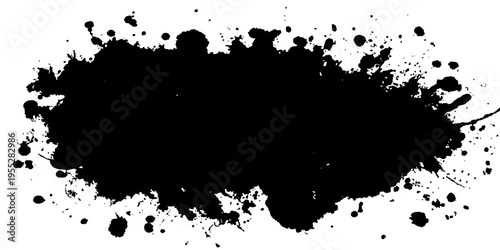 Abstract black ink blot with a rough texture, ideal for graphic design elements, artistic backgrounds, or adding a grunge effect.