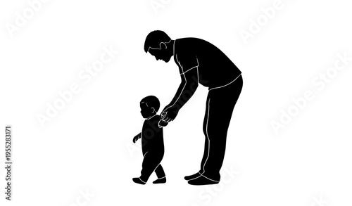 Father teaching toddler son to walk holding hands minimal black silhouette vector illustration isolated on white background