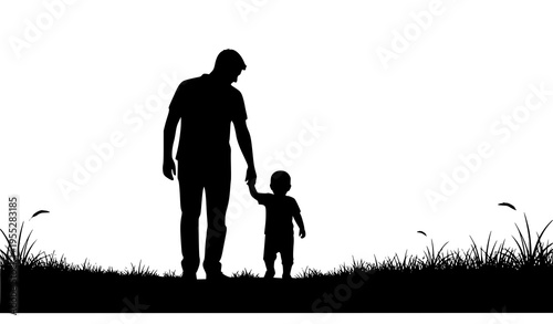 Father guiding child first steps holding hand family silhouette black vector illustration isolated on white