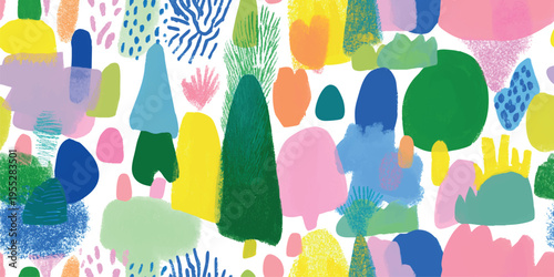 A playful and modern seamless pattern composed of abstract forest and plant shapes painted in a textured gouache style. Featuring a bright palette of pink, blue, green, and yellow, stationery