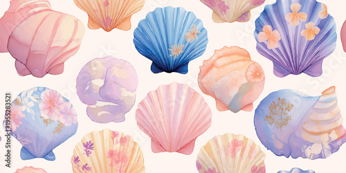 A sophisticated seamless pattern of large watercolor seashells, each uniquely decorated with delicate floral and botanical line art.