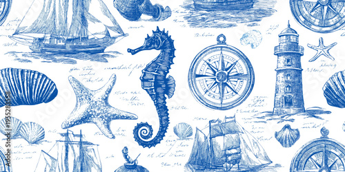 A traditional blue and white nautical toile seamless pattern featuring detailed sketches of sailing ships, lighthouses, compass roses, and sea creatures
