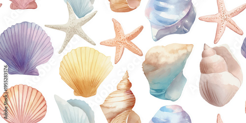 A light and breezy seamless pattern featuring beautiful watercolor seashells and starfish in a dreamy pastel palette. A classic choice for summer beachwear, coastal home textiles.