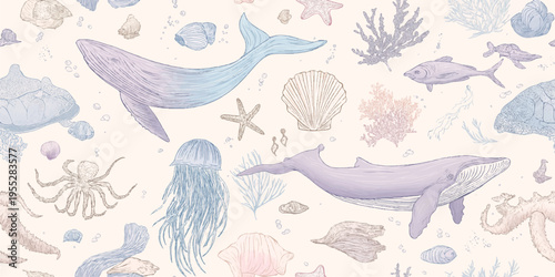 A sophisticated and airy seamless pattern featuring fine-line illustrations of whales, jellyfish, octopus, and coral in soft pastel gradients