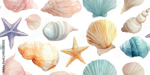 A light and breezy seamless pattern featuring beautiful watercolor seashells and starfish in a dreamy pastel palette. A classic choice for summer beachwear, coastal home textiles.