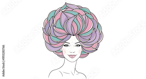 Whimsical Woman with Colorful, Voluminous Hairstyle like Petals or Feathers