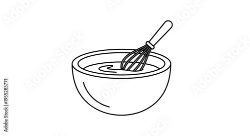 Whisk in Bowl with Liquid, Cooking and Baking Preparation, Simple Line Art Icon