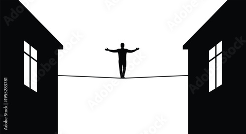 Silhouette of man balancing on tightrope between houses risk challenge danger balance concept urban minimal illustration dramatic scene
