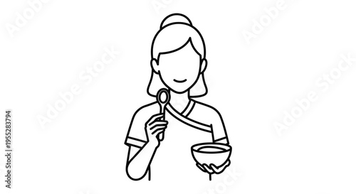 Woman eating from a bowl with a spoon, line art illustration