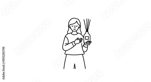 Woman holding aromatherapy diffuser with reeds, enjoying home fragrance