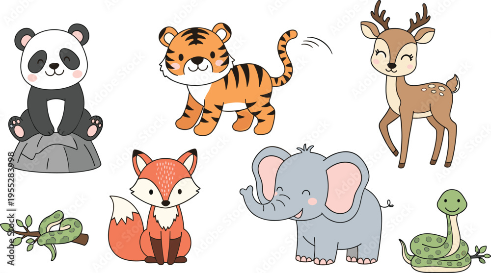 Obraz premium Cute Wild Animal Vector Set Featuring Panda, Tiger, Fox, Elephant, Deer, and Snake for Children’s Illustrations