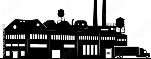 Black vector factory building with truck illustration